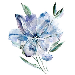 Blue single flower. Watercolor gentle flower painting. Drawing flower bud. Floral decor.