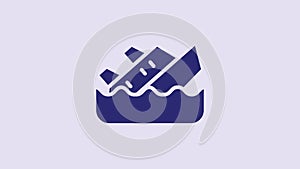 Blue Sinking cruise ship icon isolated on purple background. Travel tourism nautical transport. Voyage passenger ship