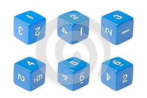 Blue six sided dice for board games