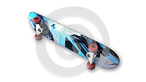 Blue skateboard, sports equipment on white background, bottom view