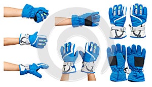 Blue ski gloves, kids hand protection, set and collection