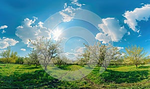 Blue skies over a blooming orchard