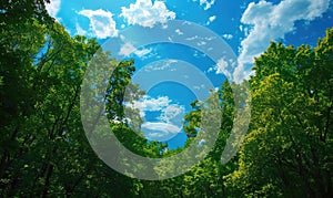 Blue skies over a green forest, spring nature background