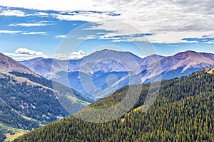 Blue skies over mountains and forests