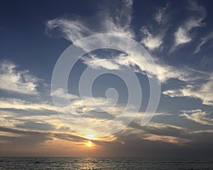 Blue skies and yellow sunset over the ocean