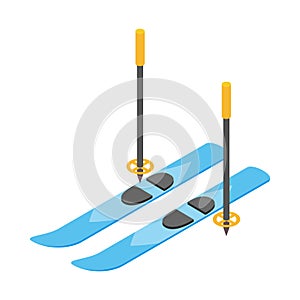 Blue skis and ski poles icon, isometric 3d style