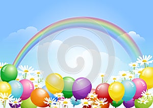 Blue sky background with balloons and daisy flowers