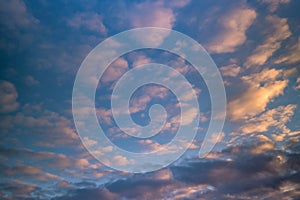 Blue sky background with big evening striped clouds. blue sky panorama may use for sky replacement