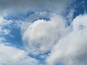 Blue sky background with fluffy clouds, natural background