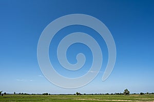 Blue sky background with green fields