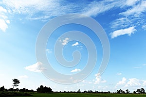 Blue sky background with green fields and white clouds