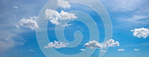 Blue sky background with high cirrostratus and fluffy cumulus clouds