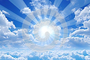 Blue sky background with tiny clouds and sun rays