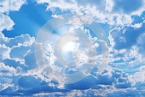 Blue sky background with tiny clouds and sun rays, nature abstract background