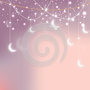 Blue sky background. Vector illustration. Abstract blur bokeh light effectRamadan moon, stars. Party decoration. Golden festive gl