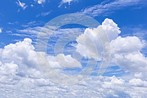 Blue sky background with white clouds, rain clouds on sunny summer or spring day