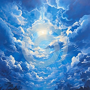 Blue sky background with white clouds and sun rays