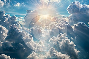 Blue sky background with white clouds and sun rays. Copy space