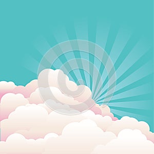 Blue sky with beautifull clouds and sun.Vector nature background