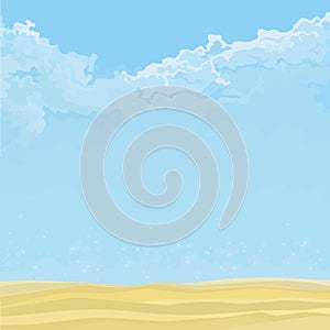 Blue sky cartoon background with clouds and sandy ground