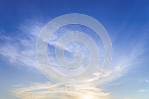 Blue sky with close up white fluffy tiny clouds background and p