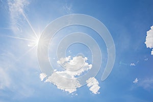 Blue sky and cloud with bright sun star flare background