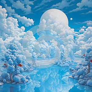 Blue sky, cloud, tree and lagoon. AI-generated.