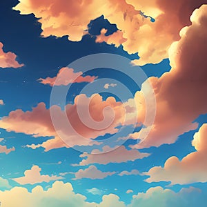 Blue sky with clouds in anime style. Artwork created using generative AI.