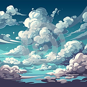 Blue sky with clouds. Anime style background with shining sun and white fluffy clouds.