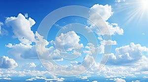 Blue sky with clouds background. Bright clear light, fluffy white cloudy. Cloudscape
