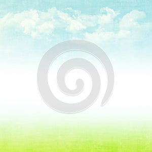 Blue sky, clouds and green field summer background