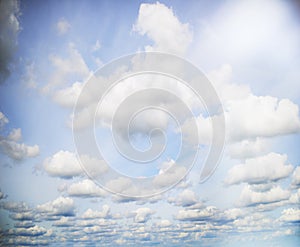 Blue sky, clouds and nature, light and landscape with sun, environment and elements. Atmosphere, texture and Earth with