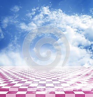 Blue sky with clouds reflected in the pink abstract fantasy checkerboard floor