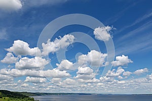 Blue sky with clouds. Spring or summer background.