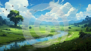 Tranquil Anime Valley: Romantic Riverscapes And Detailed Skies photo