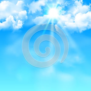 Blue sky with clouds, sunbeam and sun. Realistic vector background