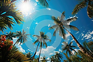 Blue sky with clouds and a view of palm trees from below. Tropical beach and summer background, travel and vacation concept