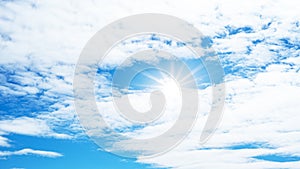 Blue sky, cloudscape background banner panorama , with clouds and sun reflection / sunshine sunbeams - summer weather
