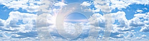 Blue sky, cloudscape background banner panorama , with clouds and sun reflection / sunshine sunbeams - summer weather