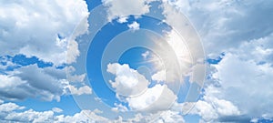 Blue sky, cloudscape background banner panorama , with clouds and sun reflection / sunshine sunbeams, weather