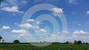 Blue sky with clound over green area backgrond