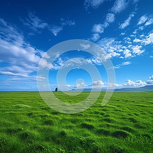 Blue sky complements a vast green grass field in harmony