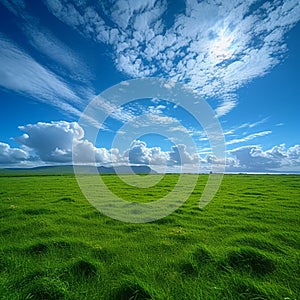 Blue sky complements a vast green grass field in harmony