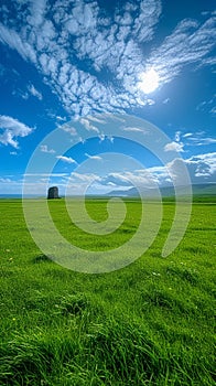 Blue sky complements a vast green grass field in harmony