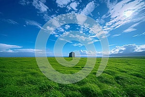 Blue sky complements a vast green grass field in harmony