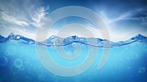 Blue sky and deep sea underwater background. 3D illustration