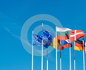 Blue sky European Union Flag fly at half mast after Manchester t