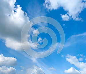 Blue sky with fleecy and cumulus clouds