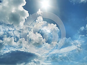 Blue sky fluffy clouds and sunlight beams skyline  nature landscape weather forecast