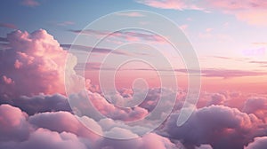 Blue sky with fluffy pink clouds at sunset, dawn of the day. Warm pastel colors, serene romantic background.